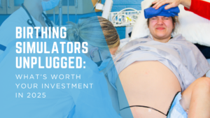 Young mother doing a simulation of child birth using the wearable Avbirth simulator.