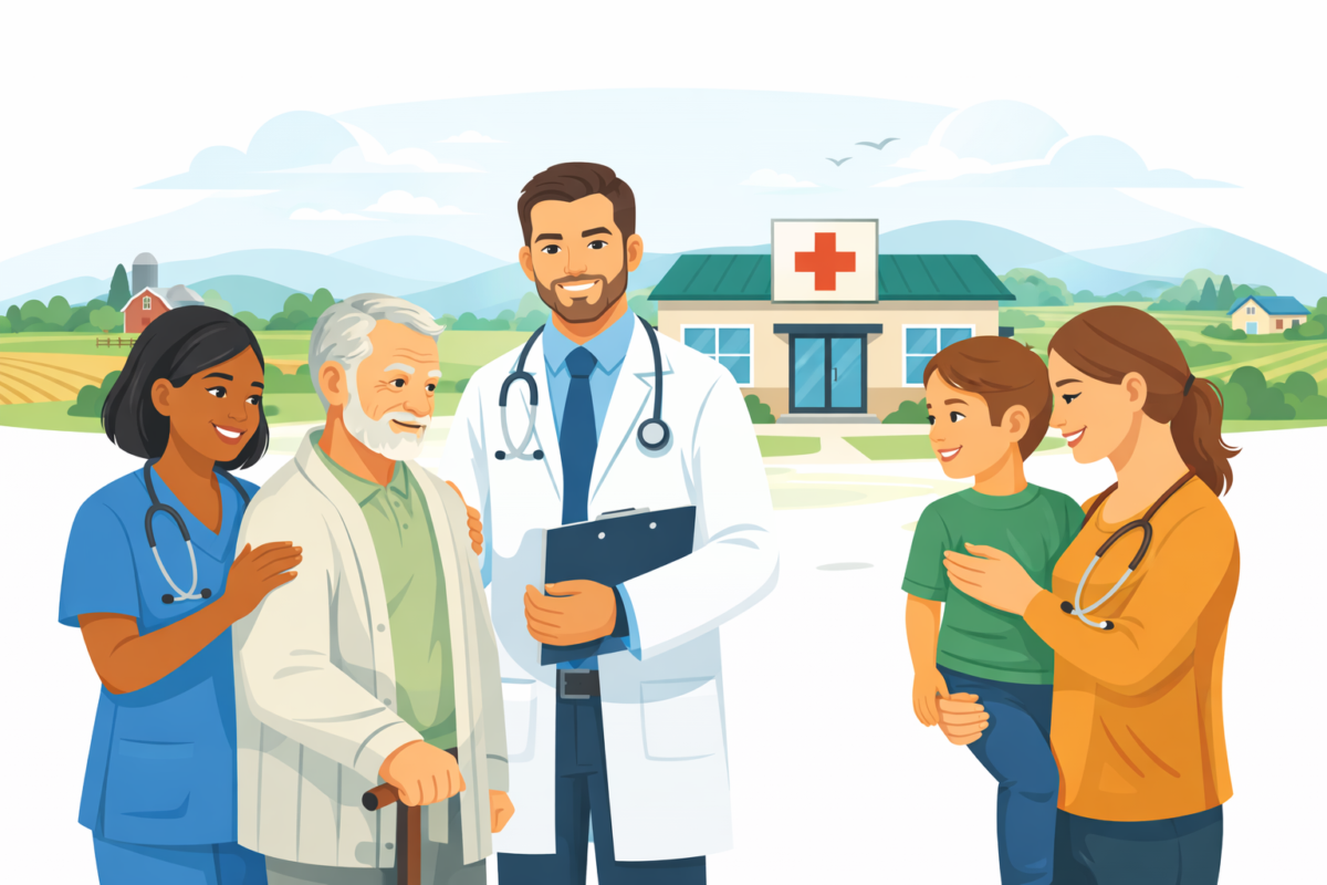 Healthcare team of nurses and physicians providing care to an elderly patient and a parent with a child outside a small rural hospital in a countryside community.