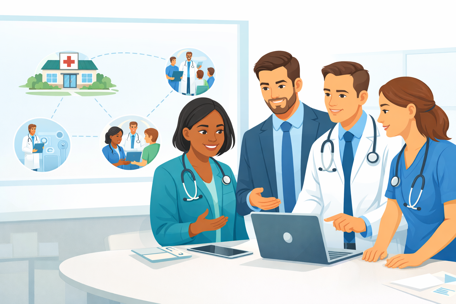 Healthcare leaders and administrators reviewing a workforce training plan on a laptop in a conference room with visual diagrams representing hospitals and healthcare training initiatives.