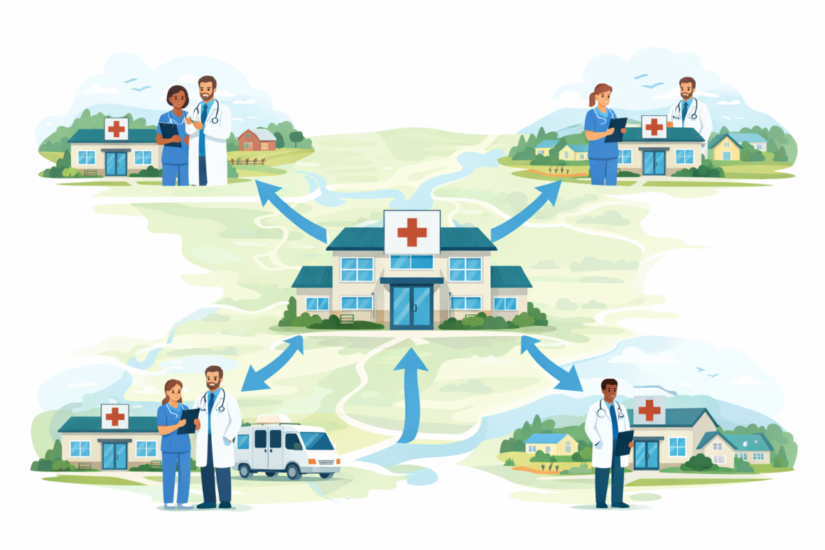 Central healthcare training hub connected to multiple rural hospitals and clinics across a regional map, showing clinicians receiving training and a mobile simulation van traveling between locations.