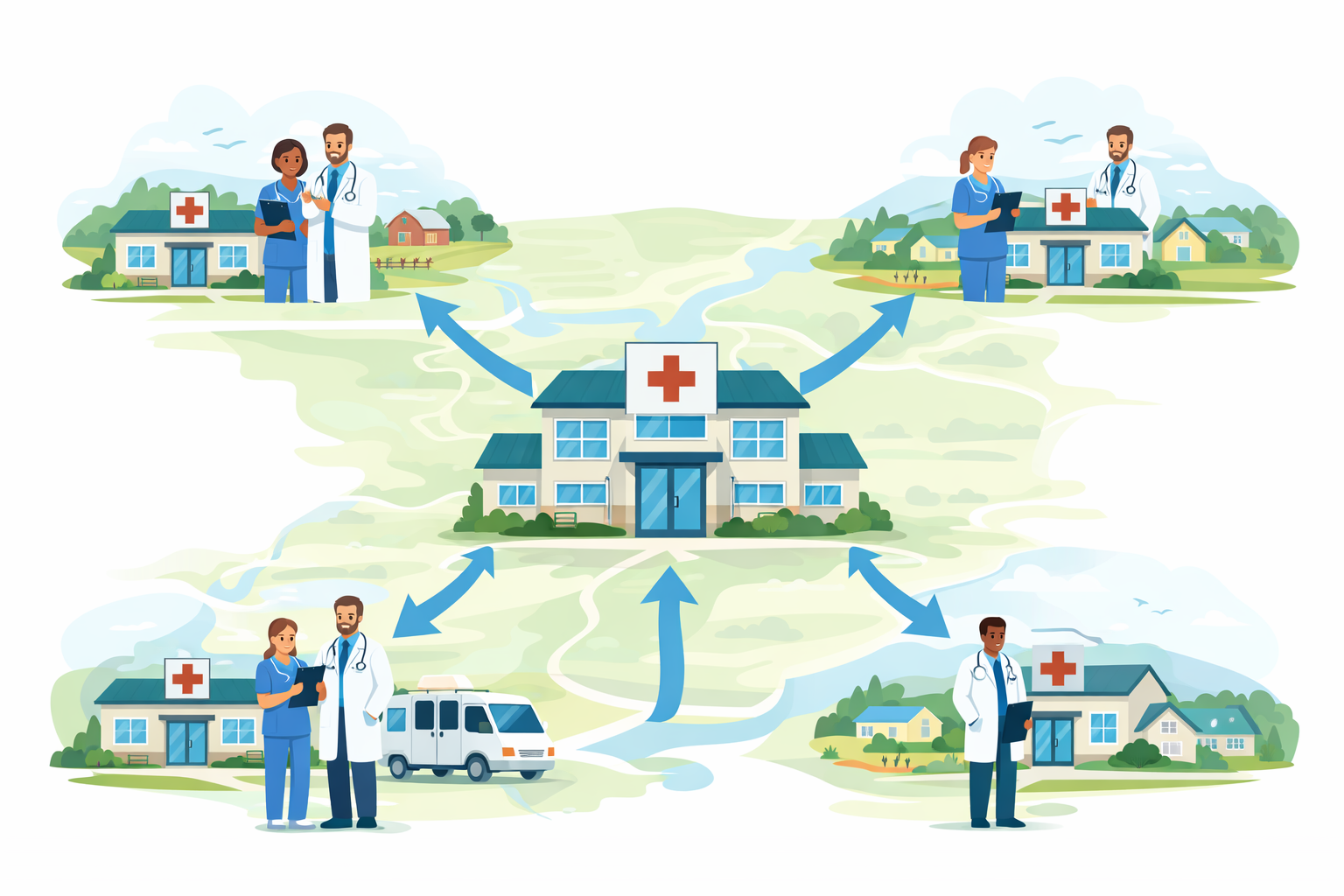 Central healthcare training hub connected to multiple rural hospitals and clinics across a regional map, showing clinicians receiving training and a mobile simulation van traveling between locations.