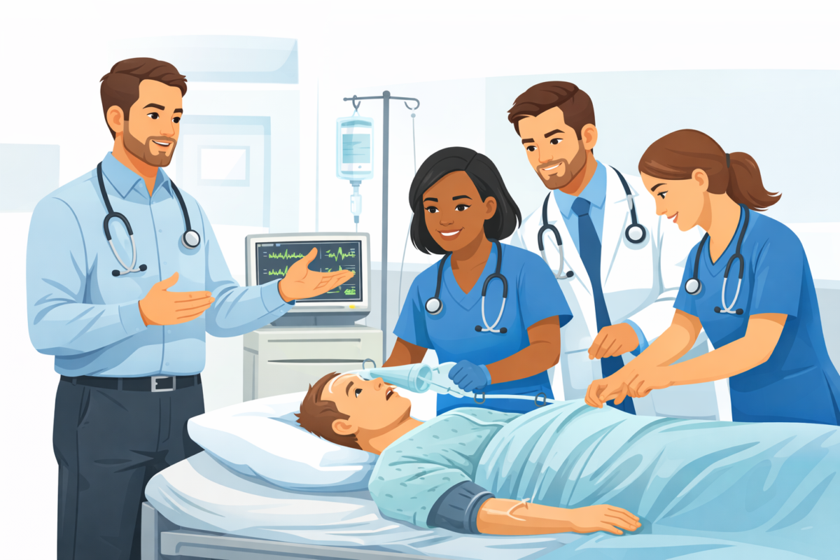 Healthcare instructor guiding clinicians during a simulation training scenario around a simulated patient with medical monitors in a clinical training environment.