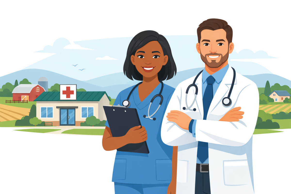Confident nurse and physician standing outside a small rural hospital clinic with farmland and countryside in the background, representing rural healthcare workforce stability.