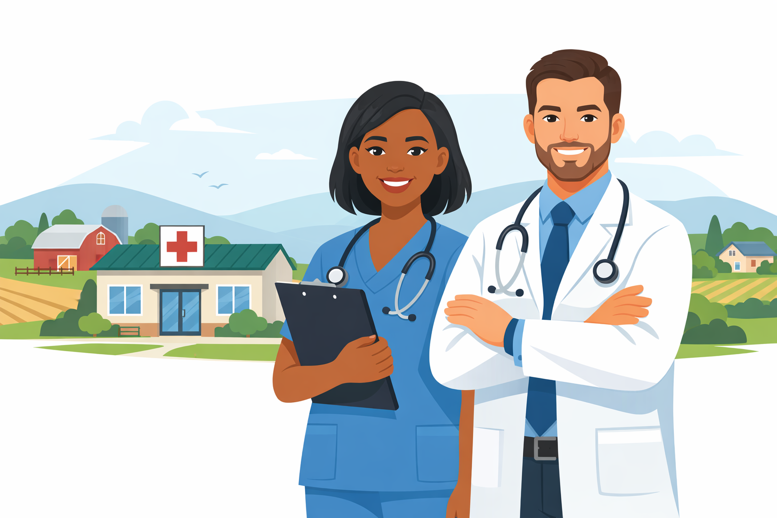 Confident nurse and physician standing outside a small rural hospital clinic with farmland and countryside in the background, representing rural healthcare workforce stability.