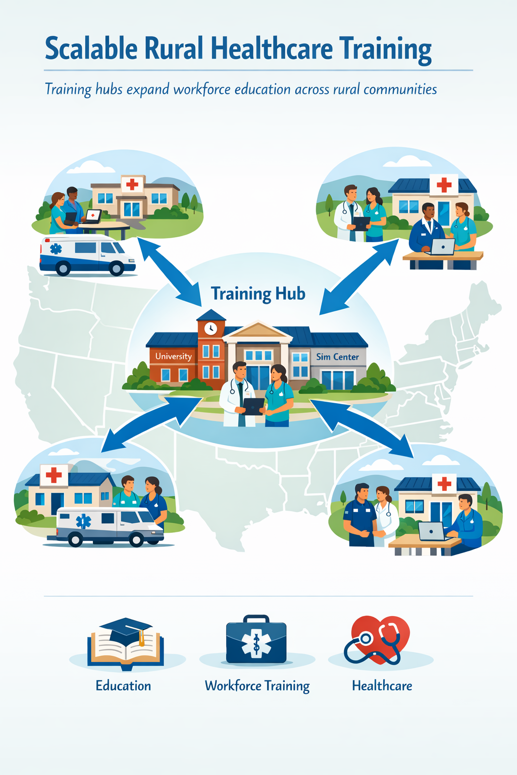 Scalable Rural Healthcare Training Programs Infographic showing scalable healthcare training programs expanding workforce development across rural regions