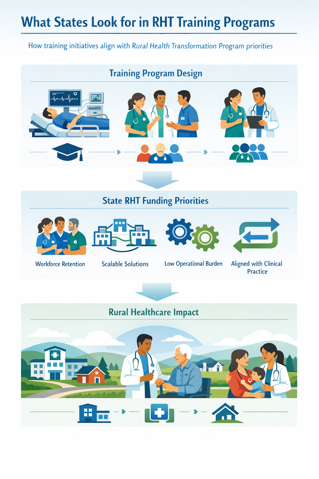 What States Prioritize in Rural Health Transformation Training Programs Infographic showing what states prioritize when funding training initiatives through the Rural Health Transformation Program including workforce stability scalability and operational efficiency