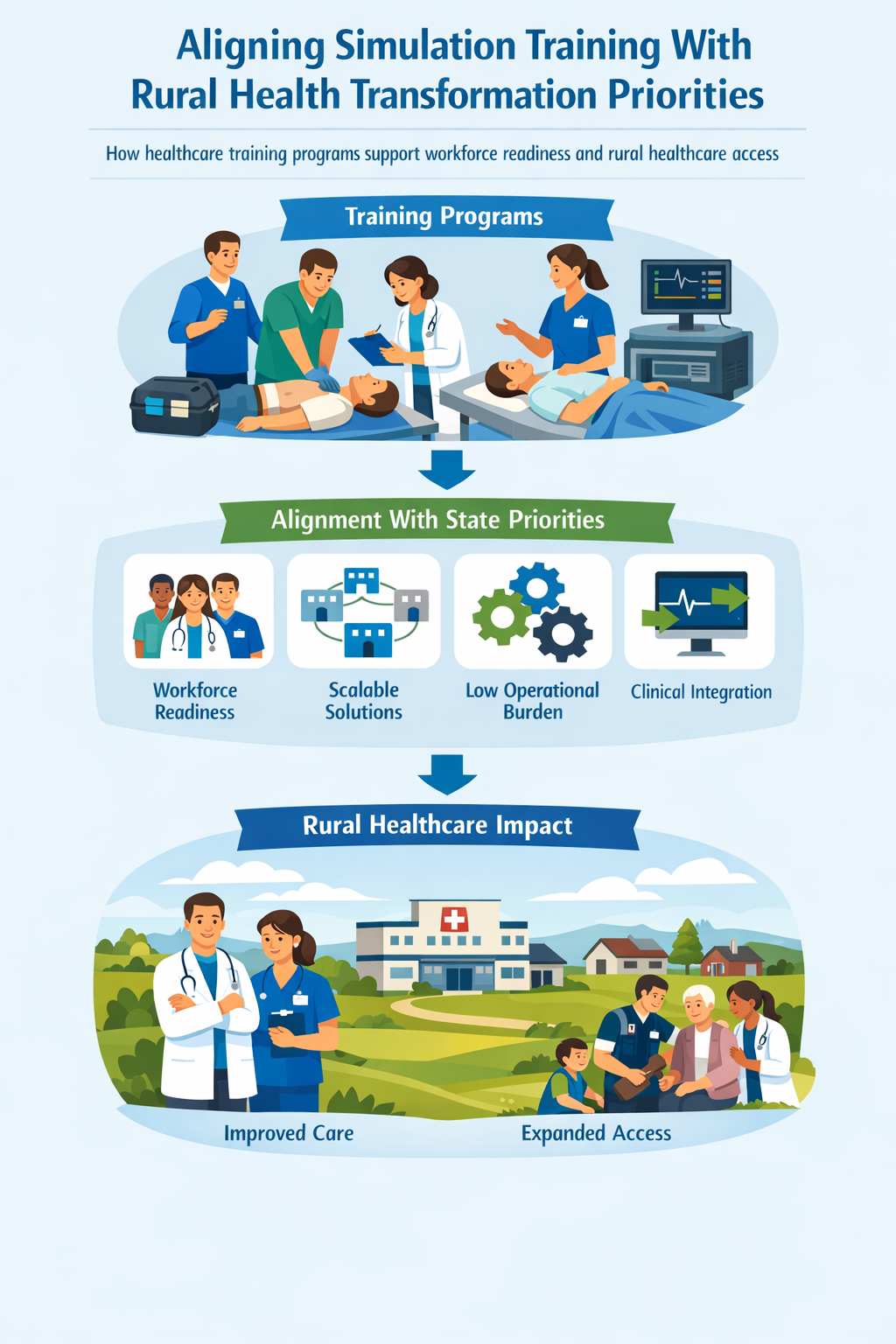 Infographic showing how healthcare simulation training aligns with Rural Health Transformation Program priorities including workforce readiness, scalability, operational efficiency, and rural healthcare impact.