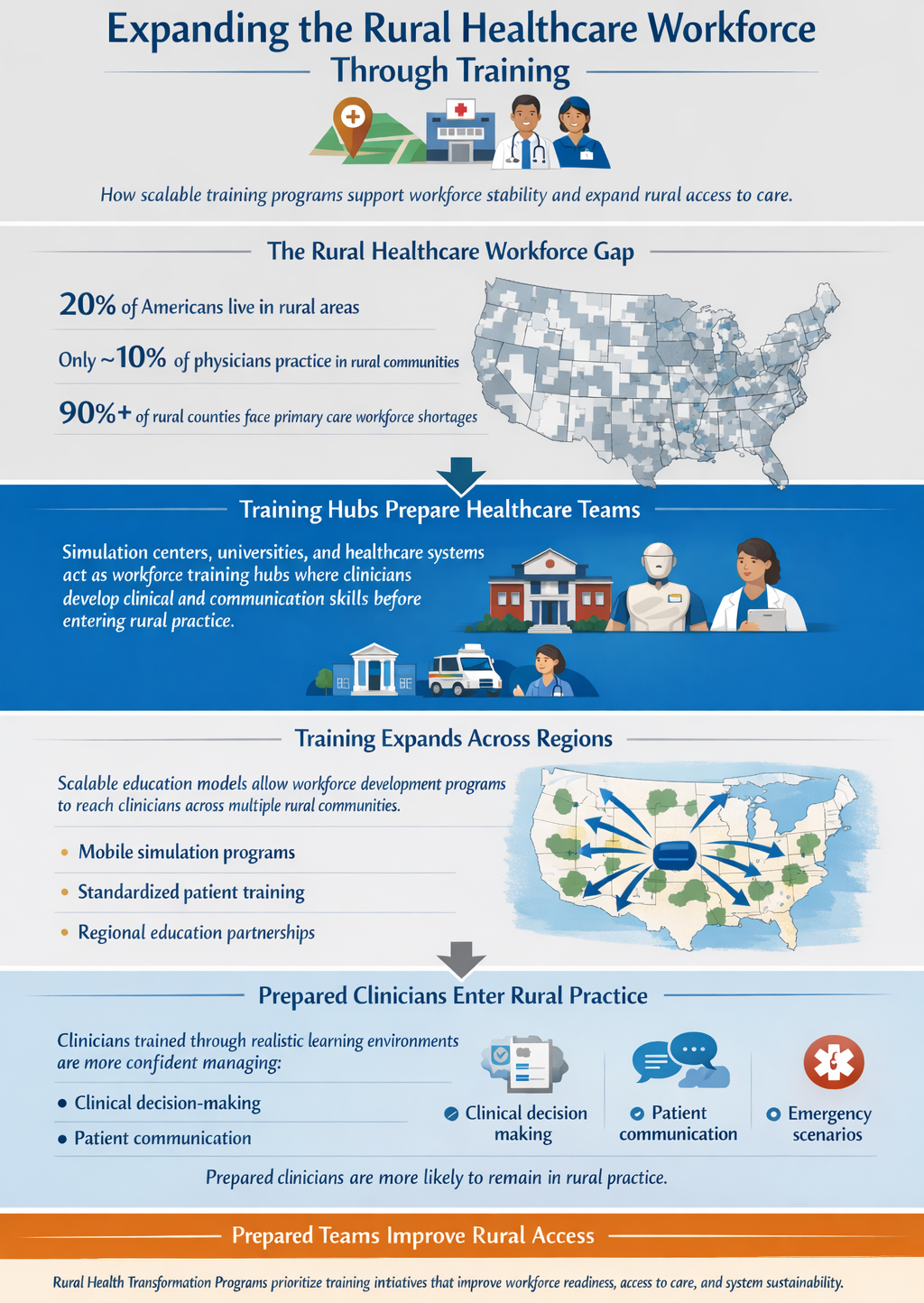Rural Healthcare Workforce Training Expansion Infographic showing how training hubs expand the rural healthcare workforce and improve access to care across regions